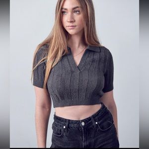 Hespherus ribbed cropped sweater polo top charcoal gray Women’s XL